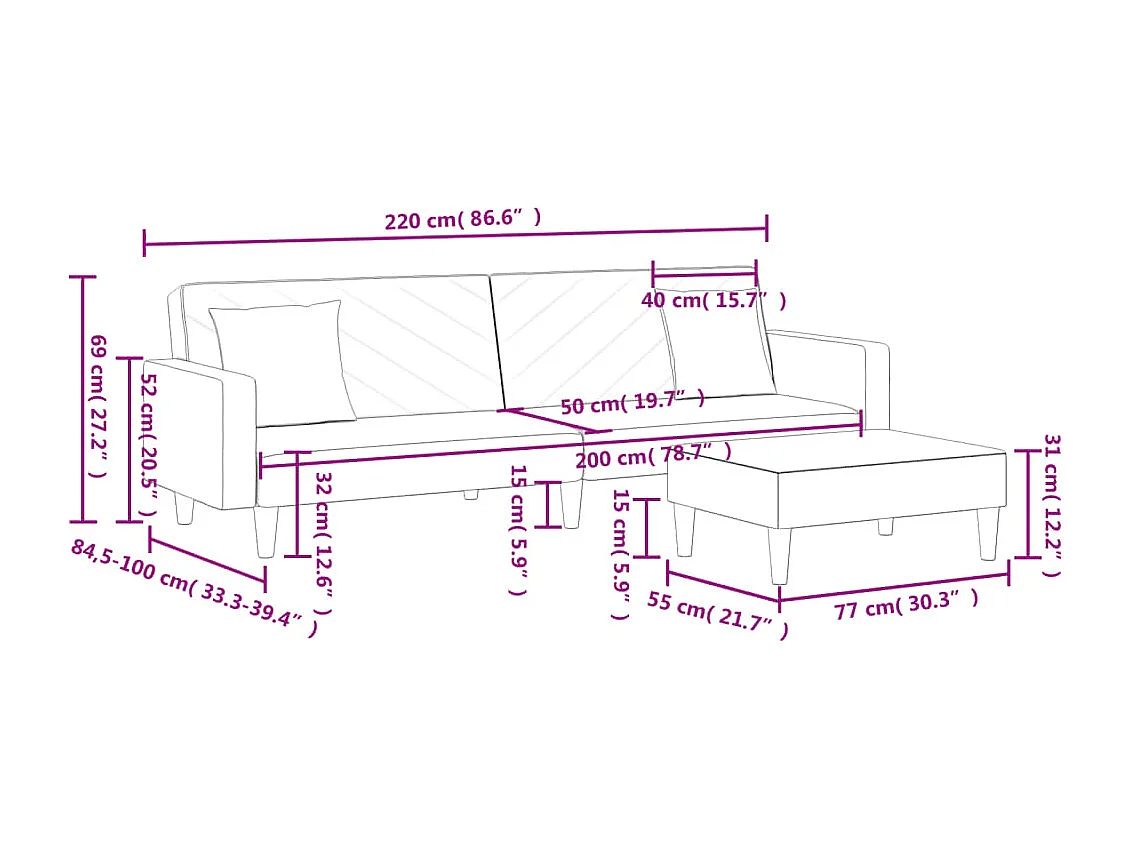 Canapé-lit à 2 places et oreillers et repose-pied noir tissu