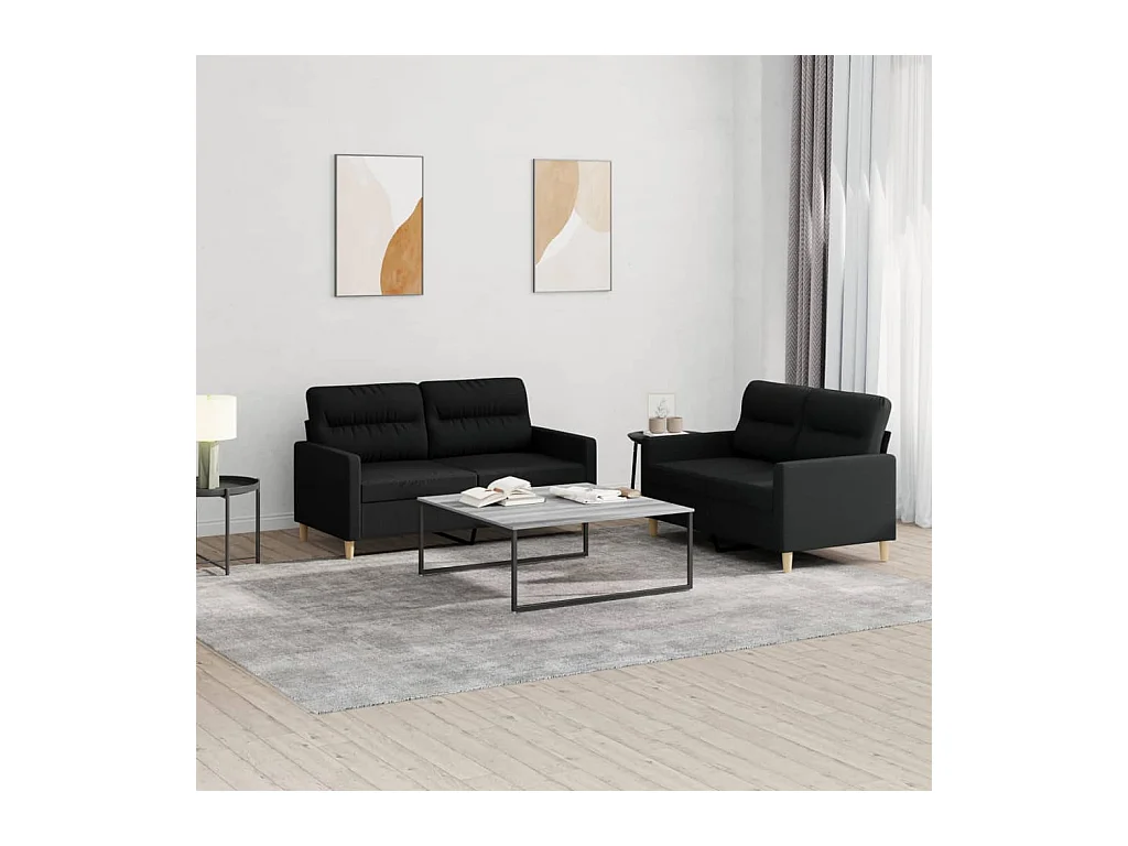 Set di Divani 2 pz con Cuscini Nero in Tessuto