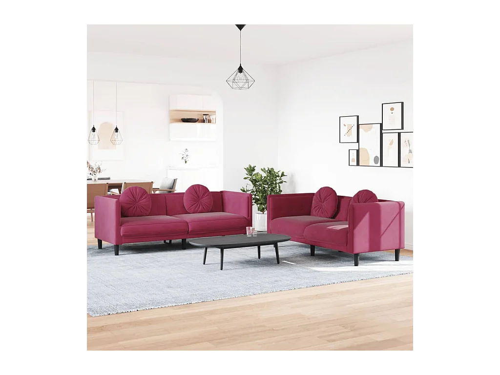 Ensemble de canapés 2 pcs avec coussins rouge bordeaux velours