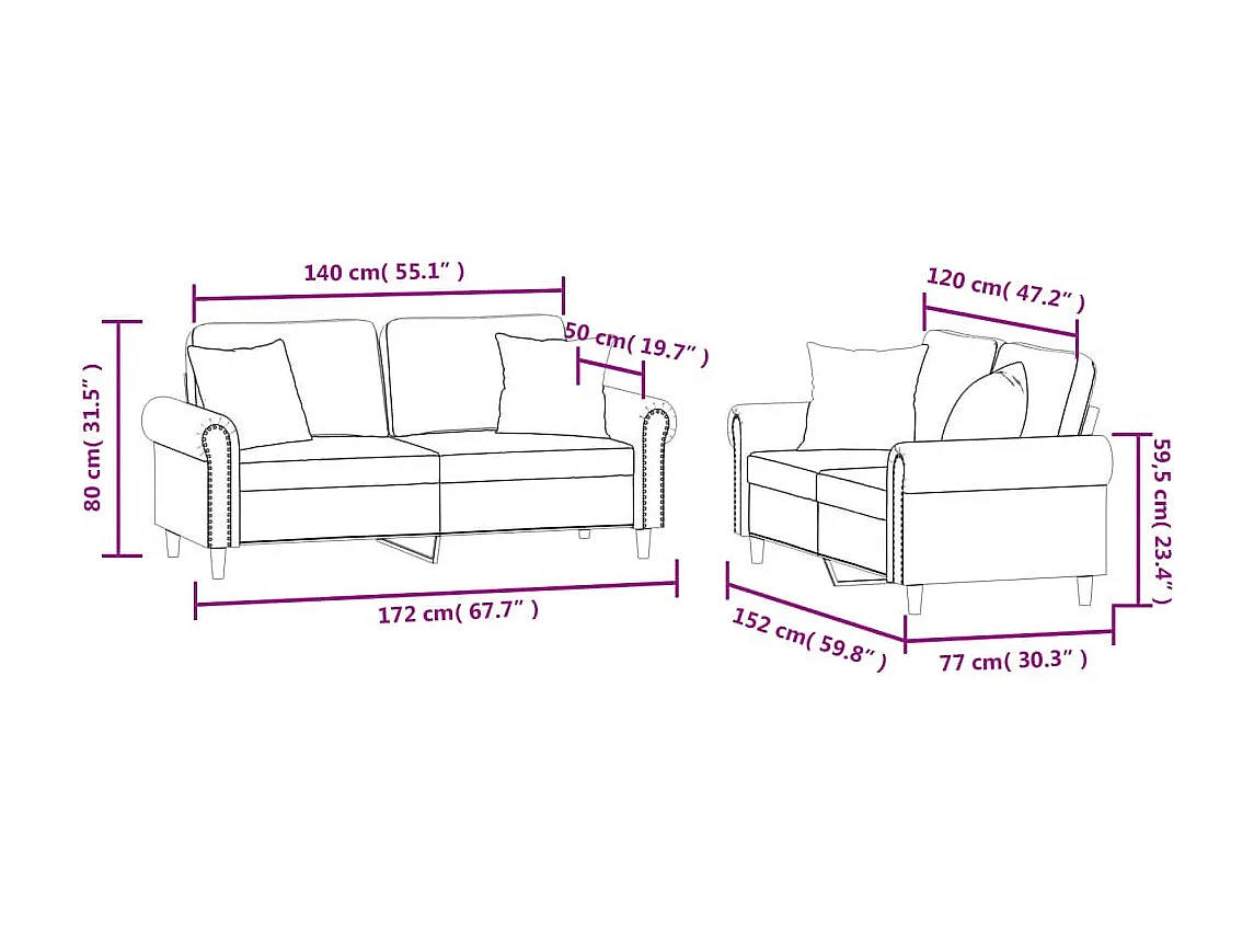 Ensemble de canapés 2 pcs avec coussins gris clair velours