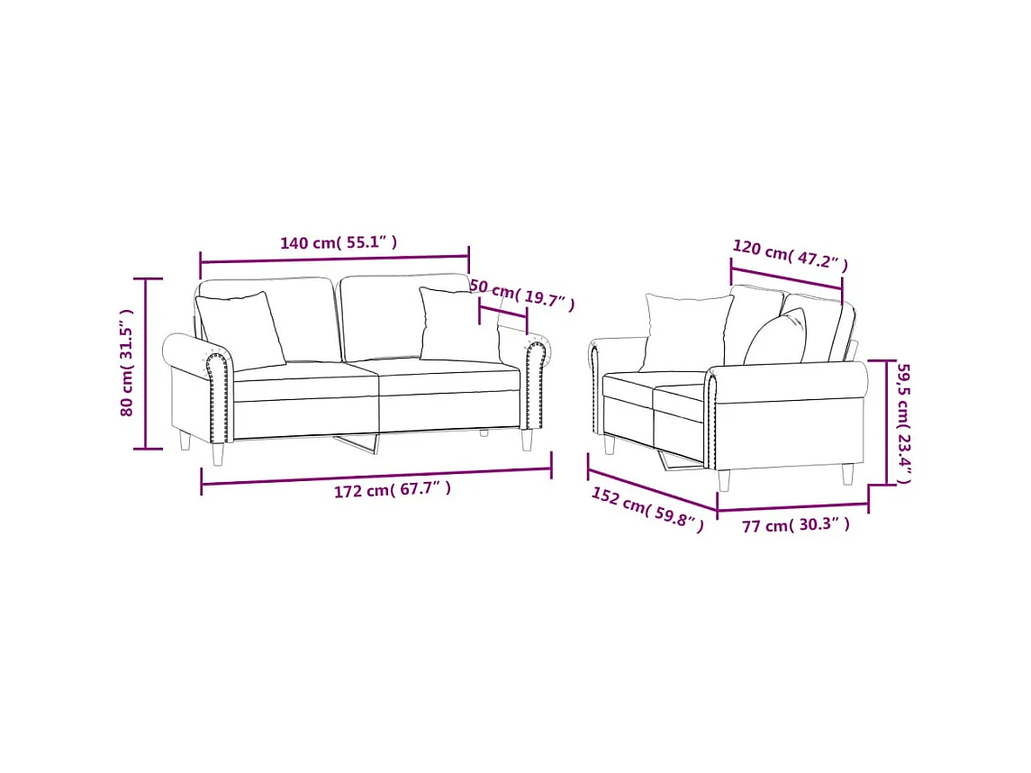 Ensemble de canapés 2 pcs avec coussins gris clair velours