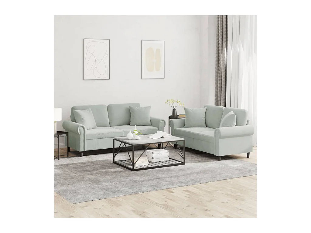 Ensemble de canapés 2 pcs avec coussins gris clair velours