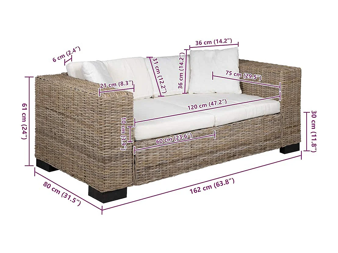 Conjunto de sofá de 2 lugares, 7 pcs, vime genuíno