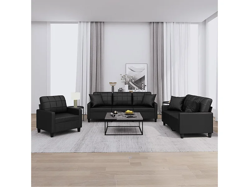 Ensemble de canapés 3 pcs avec coussins noir similicuir