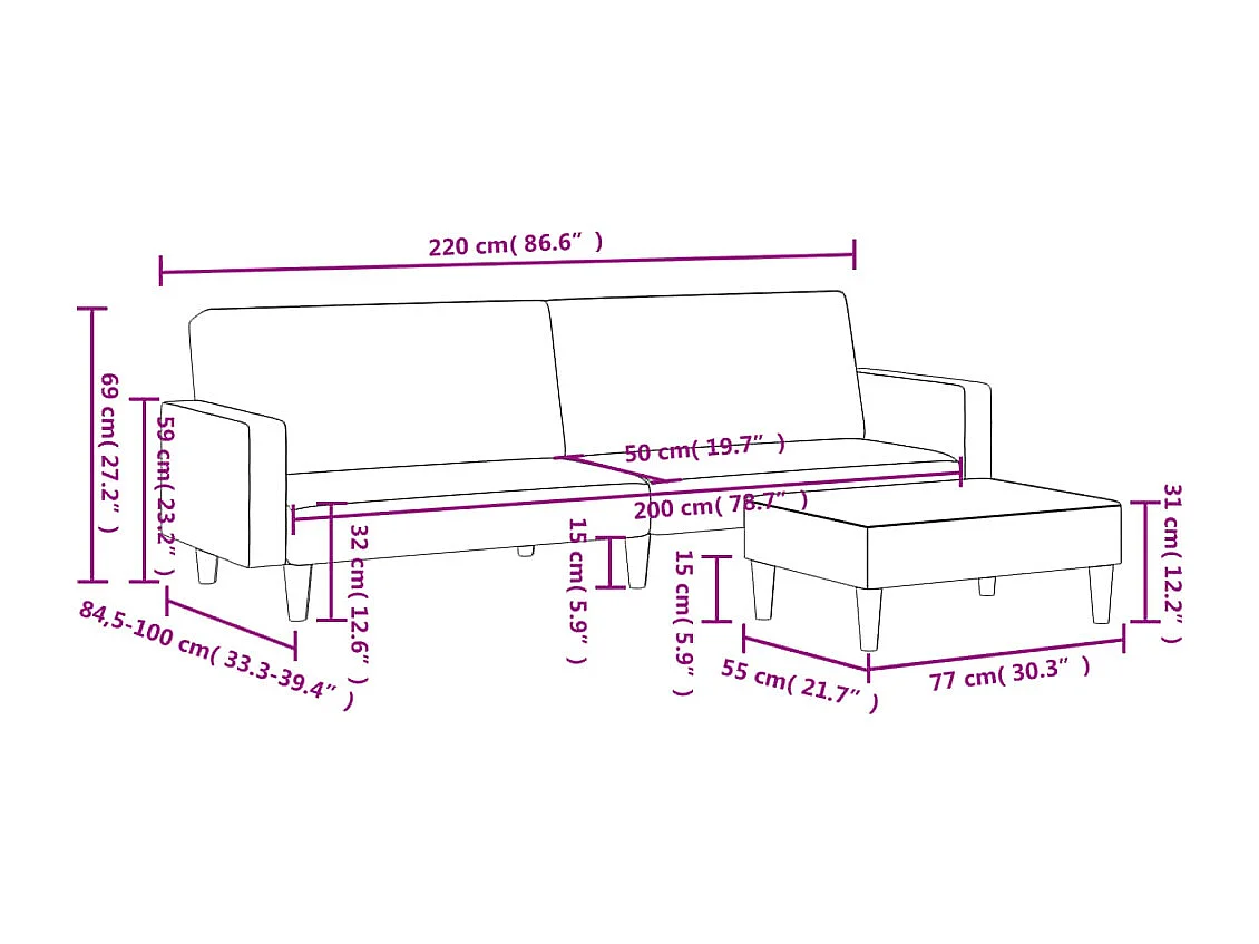 Schlafsofa 2-Sitzer mit Fußhocker Hellgrau Stoff