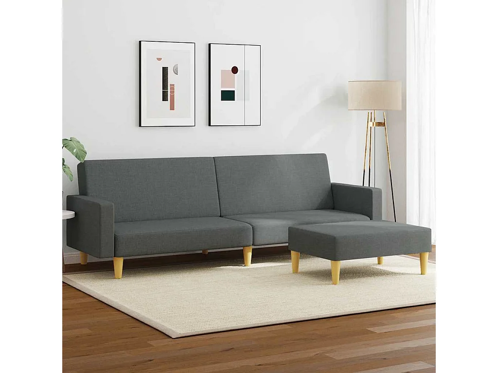 Divano Letto a 2 Posti con Poggiapiedi Grigio Scuro in Tessuto