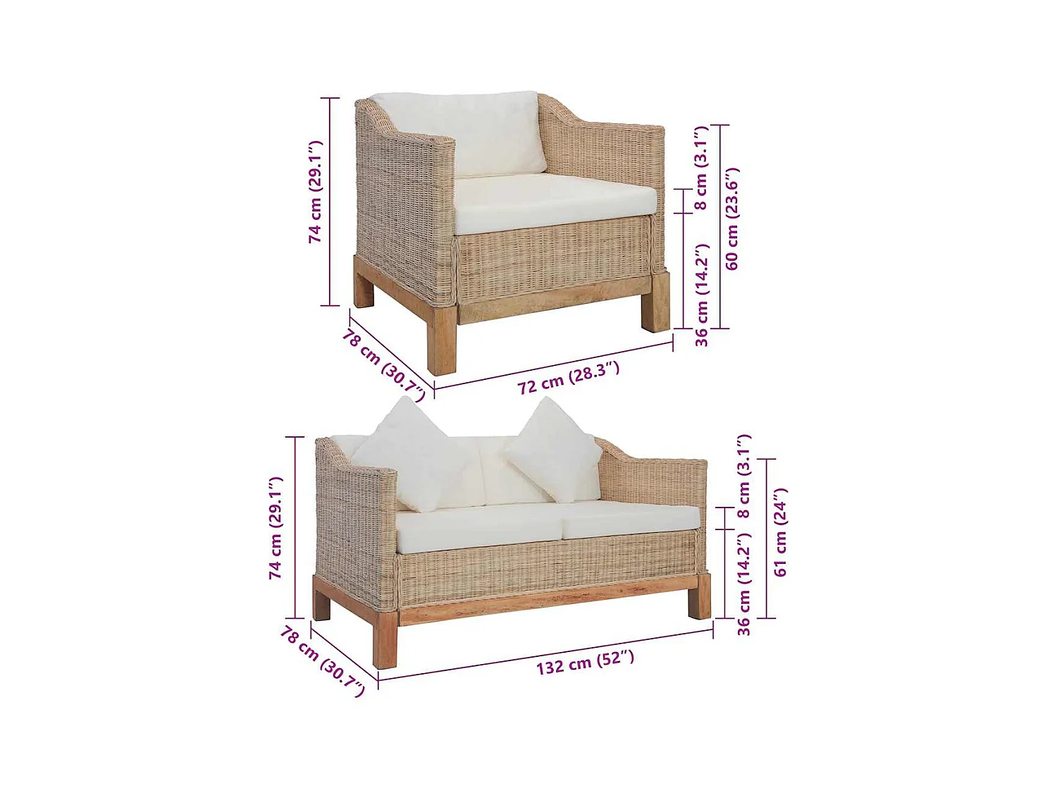 Ensemble de canapés 3 pcs avec coussins Rotin naturel