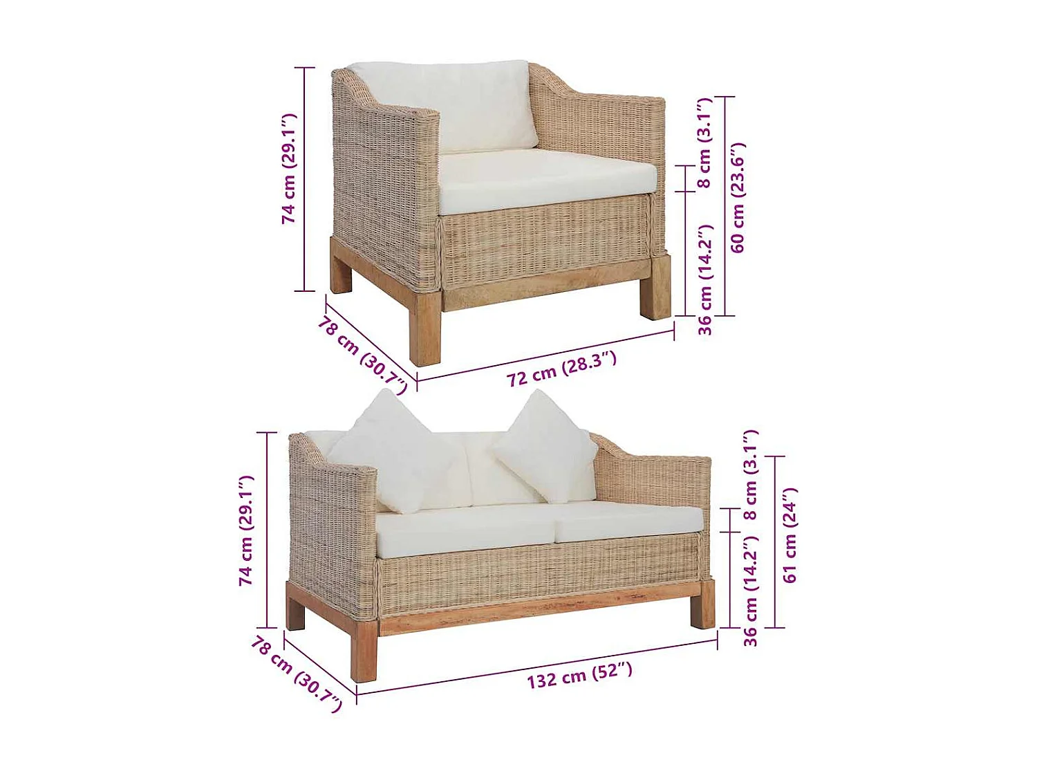 Ensemble de canapés 3 pcs avec coussins Rotin naturel