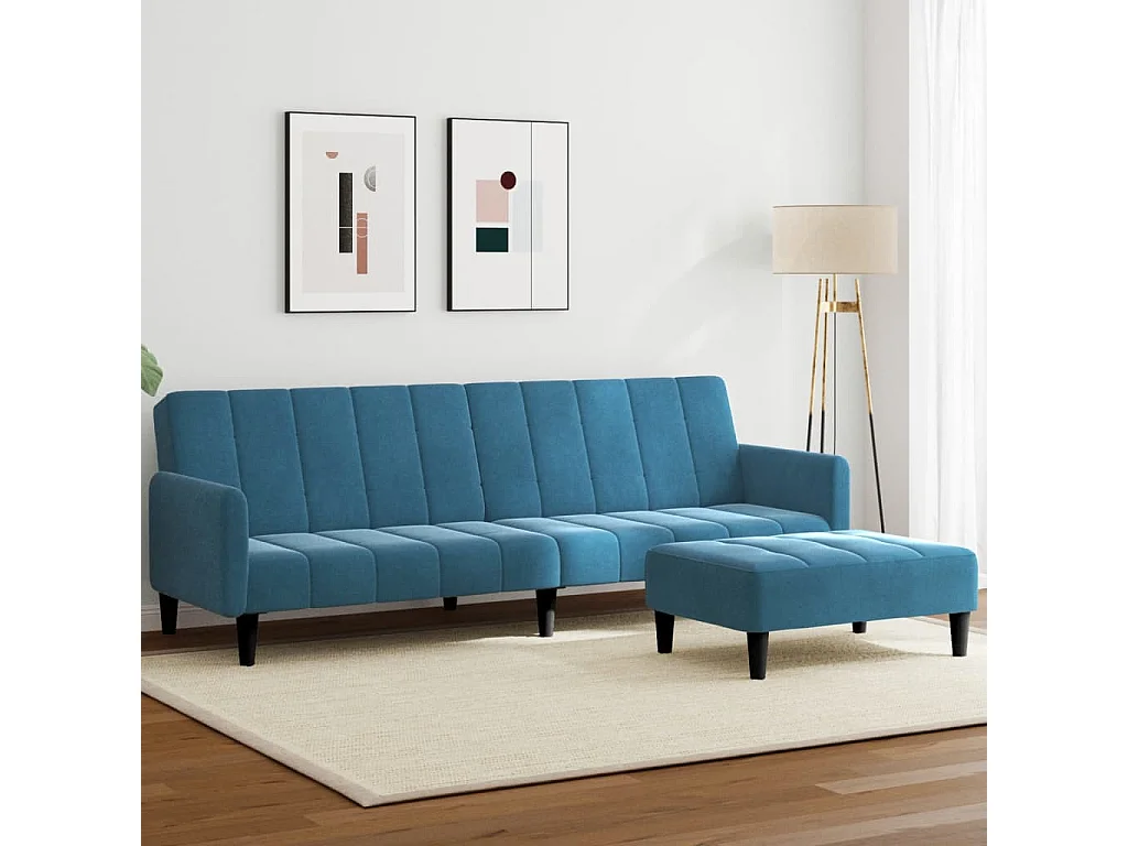 Slaapbank 2-zits met voetenbank fluweel blauw