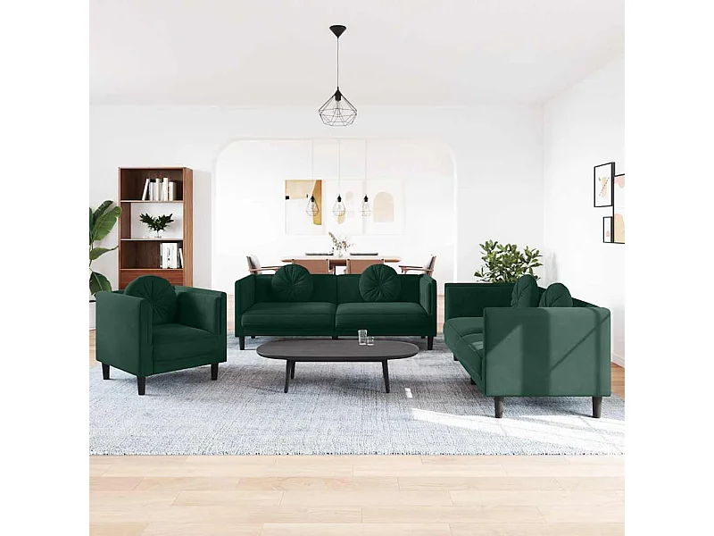 Ensemble de canapés 3 pcs avec coussins vert foncé velours