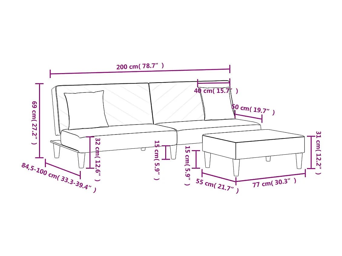 Schlafsofa 2-Sitzer mit Kissen und Fußhocker Schwarz Stoff