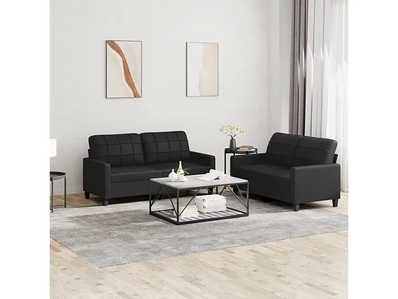 2-tlg. Sofagarnitur mit Kissen Schwarz Kunstleder