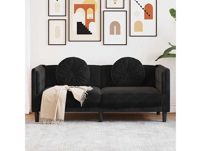 Sofa mit Kissen 2-Sitzer Schwarz Samt