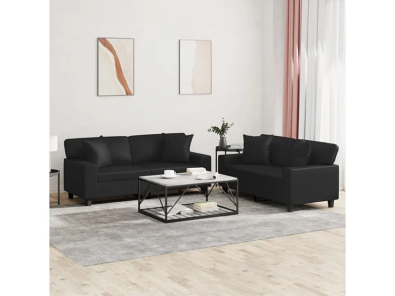 2-tlg. Sofagarnitur mit Kissen Schwarz Kunstleder