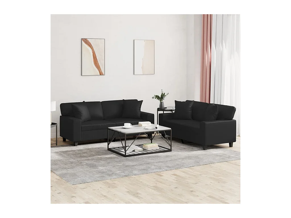 Set di Divani 2 pz con Cuscini Nero in Similpelle