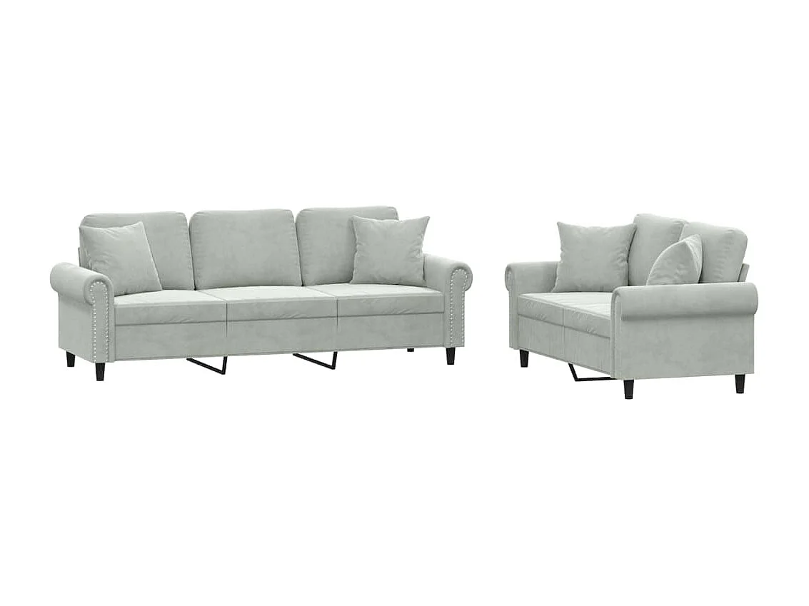 Ensemble de canapés 2 pcs avec coussins gris clair velours