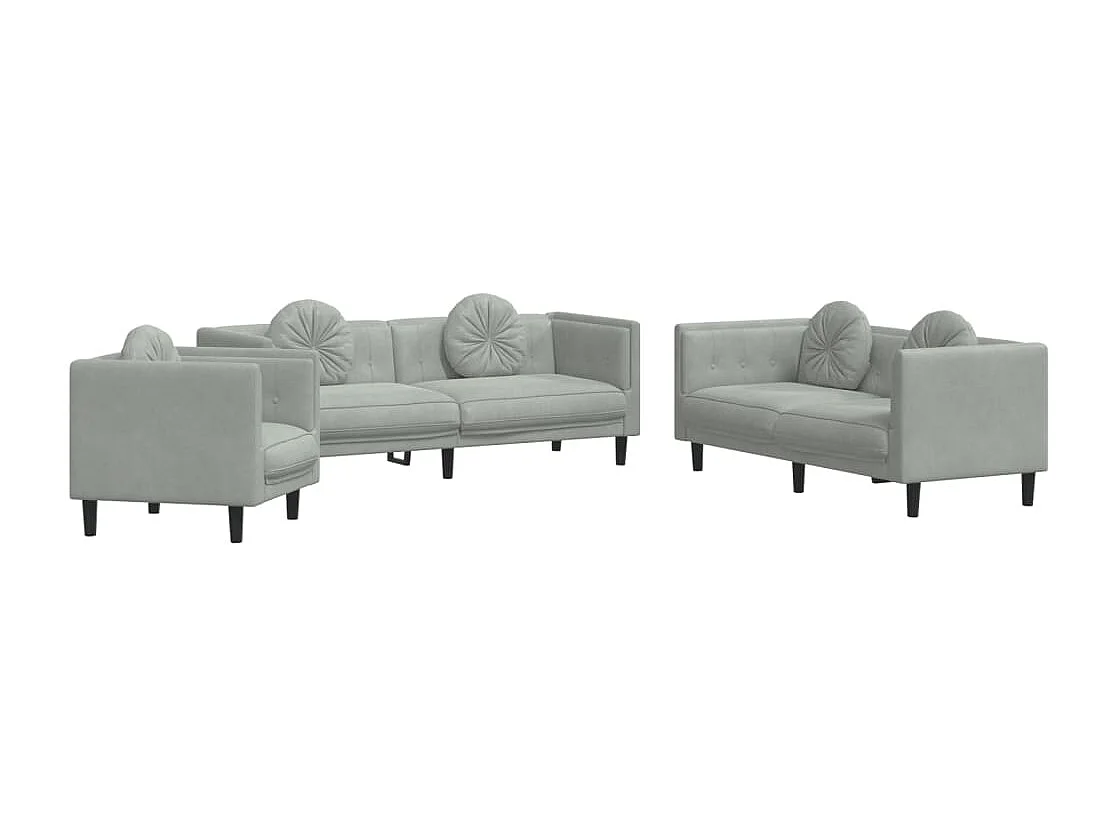 3-delige Loungeset met kussens fluweel lichtgrijs