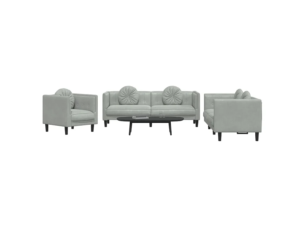 Ensemble de canapés 3 pcs avec coussins gris clair velours