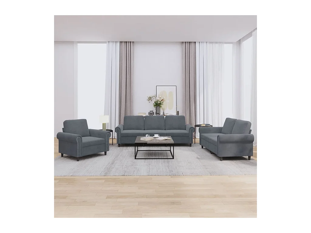 3-tlg. Sofagarnitur mit Kissen Dunkelgrau Samt