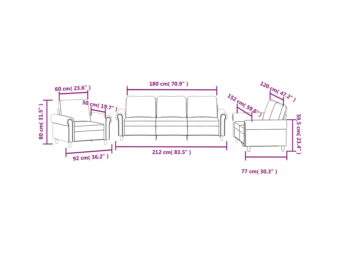 3-tlg. Sofagarnitur mit Kissen Dunkelgrau Samt