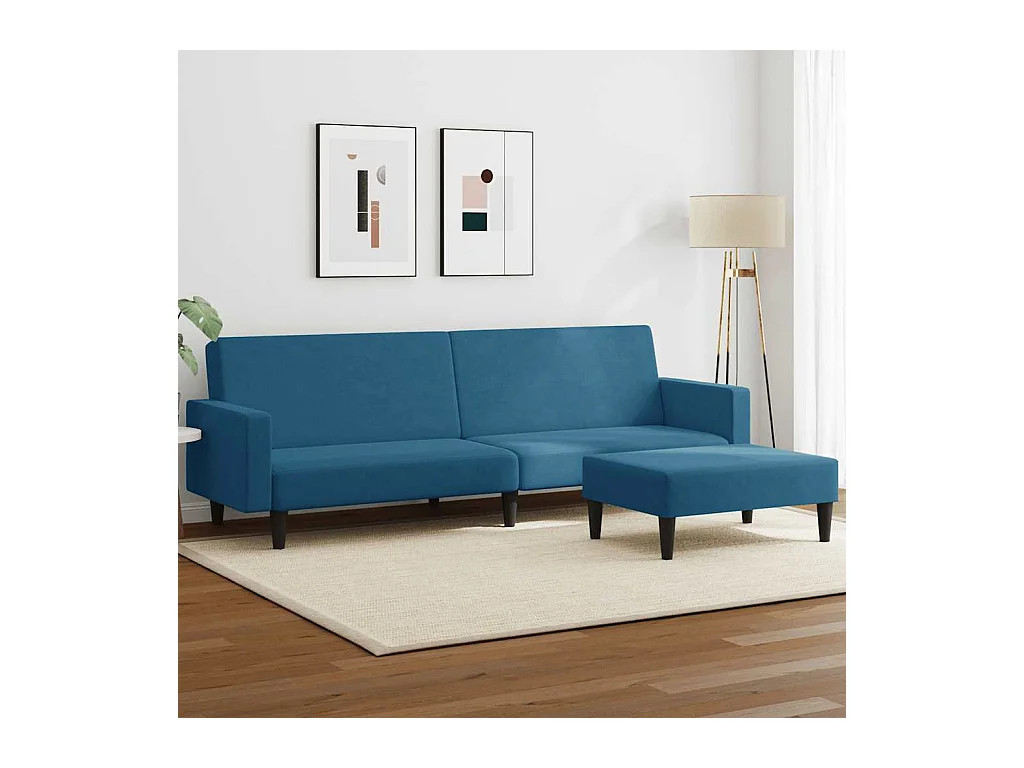 Slaapbank 2-zits met voetenbank fluweel blauw