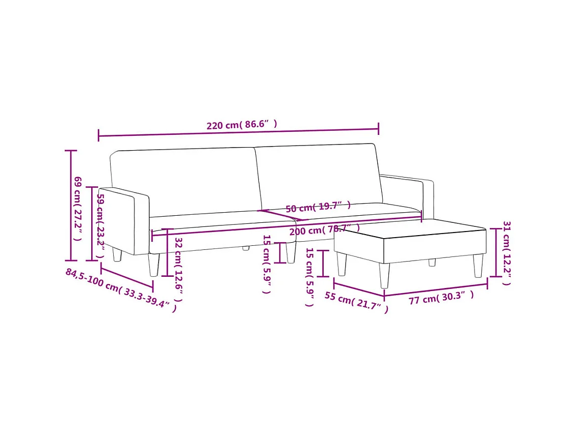 Schlafsofa 2-Sitzer mit Fußhocker Blau Samt