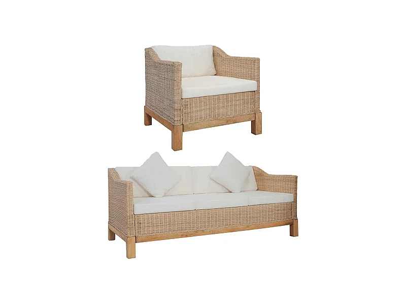 Ensemble de canapés 2 pcs avec coussins Rotin naturel