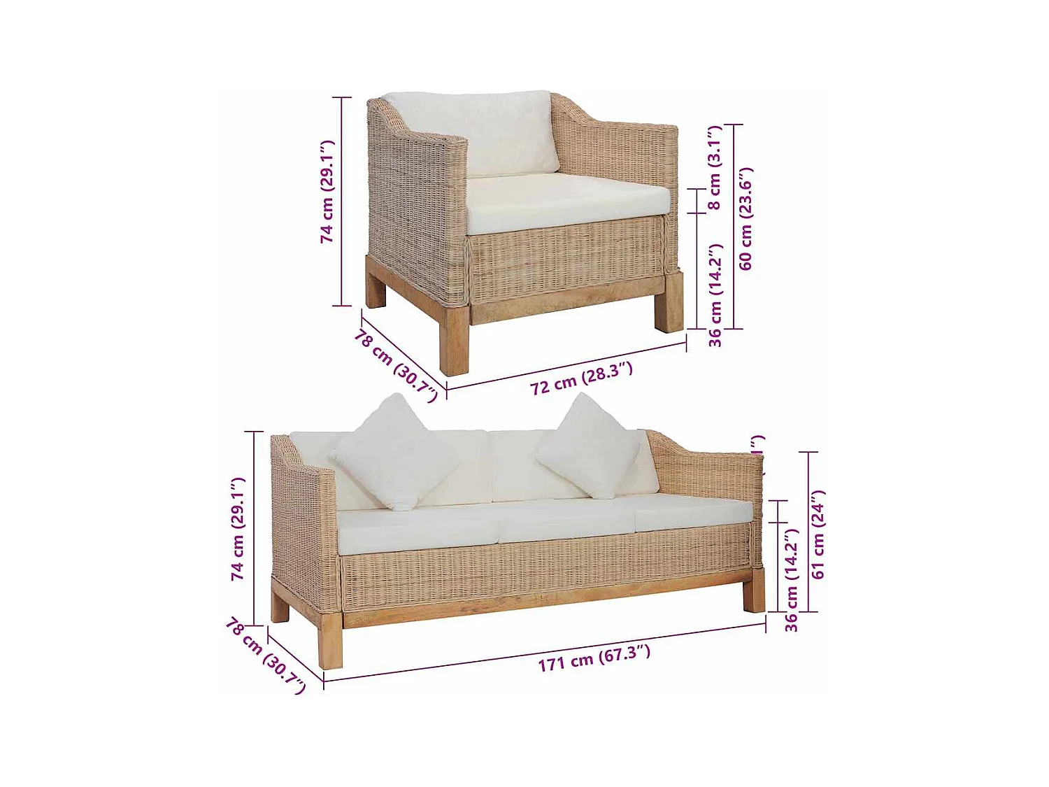 Ensemble de canapés 2 pcs avec coussins Rotin naturel