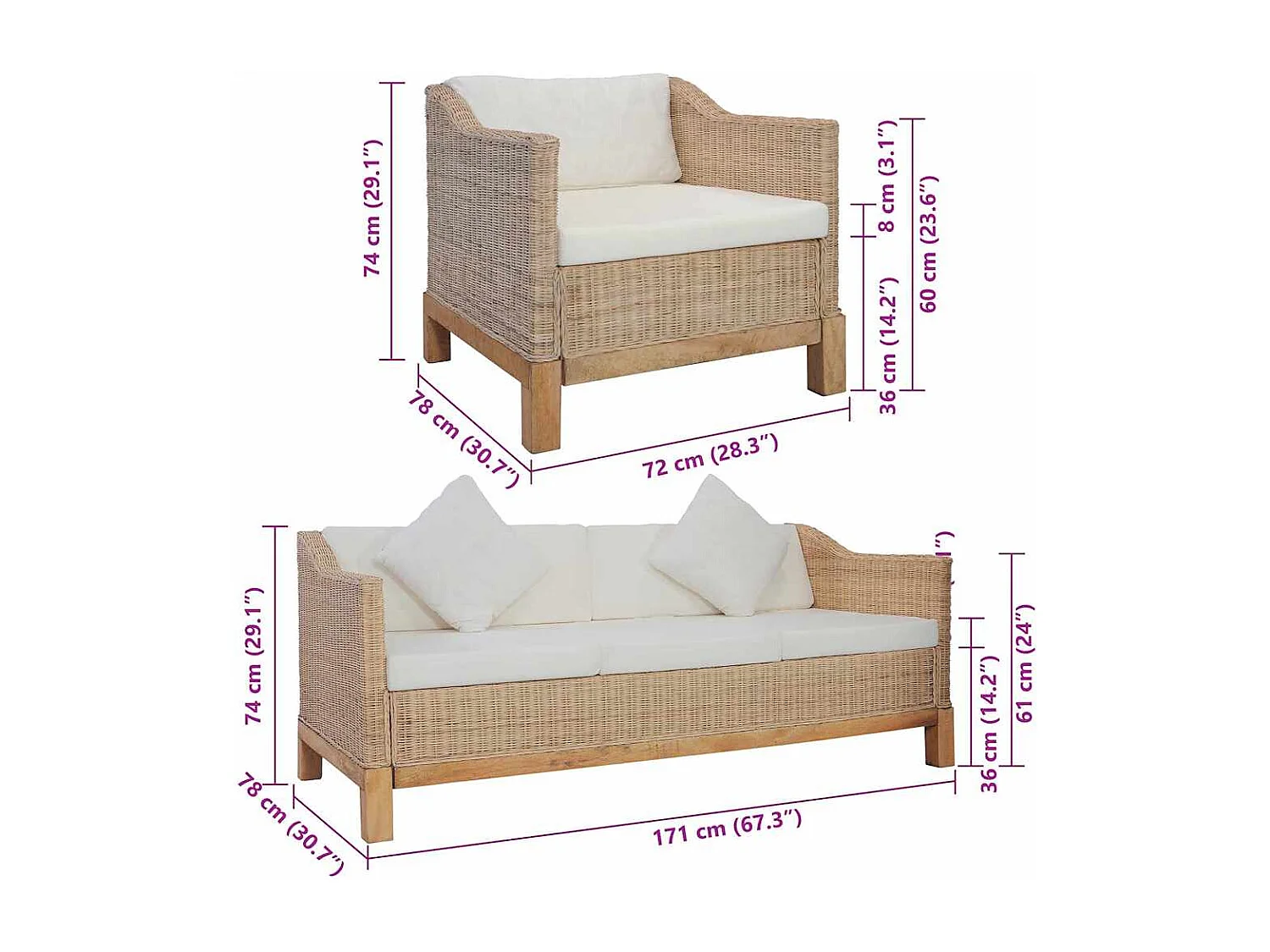 Ensemble de canapés 2 pcs avec coussins Rotin naturel