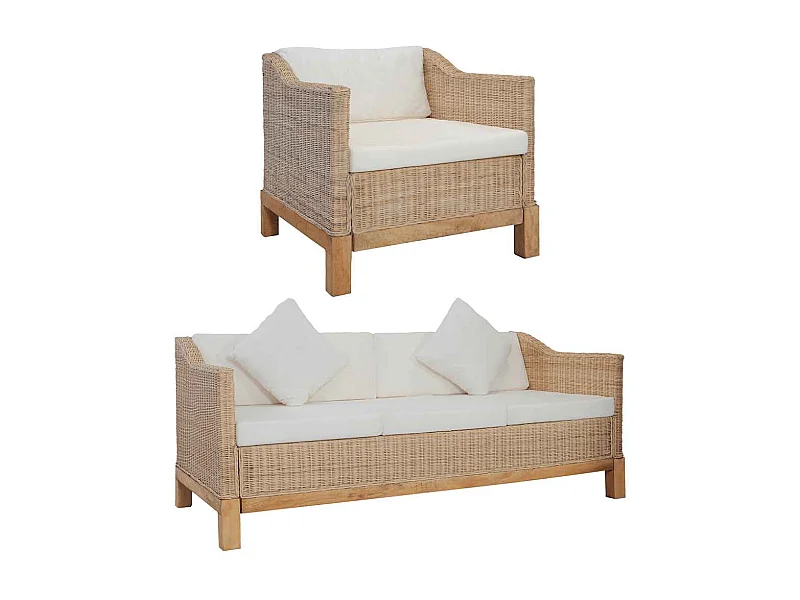 Ensemble de canapés 2 pcs avec coussins Rotin naturel