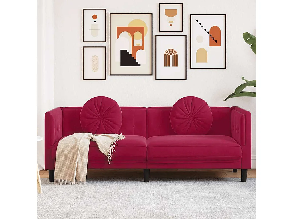 Canapé avec coussins 3 places rouge bordeaux velours