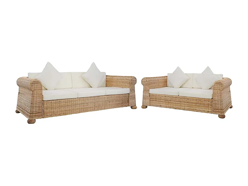 Set di Divani 2 pz con Cuscini in Rattan Naturale