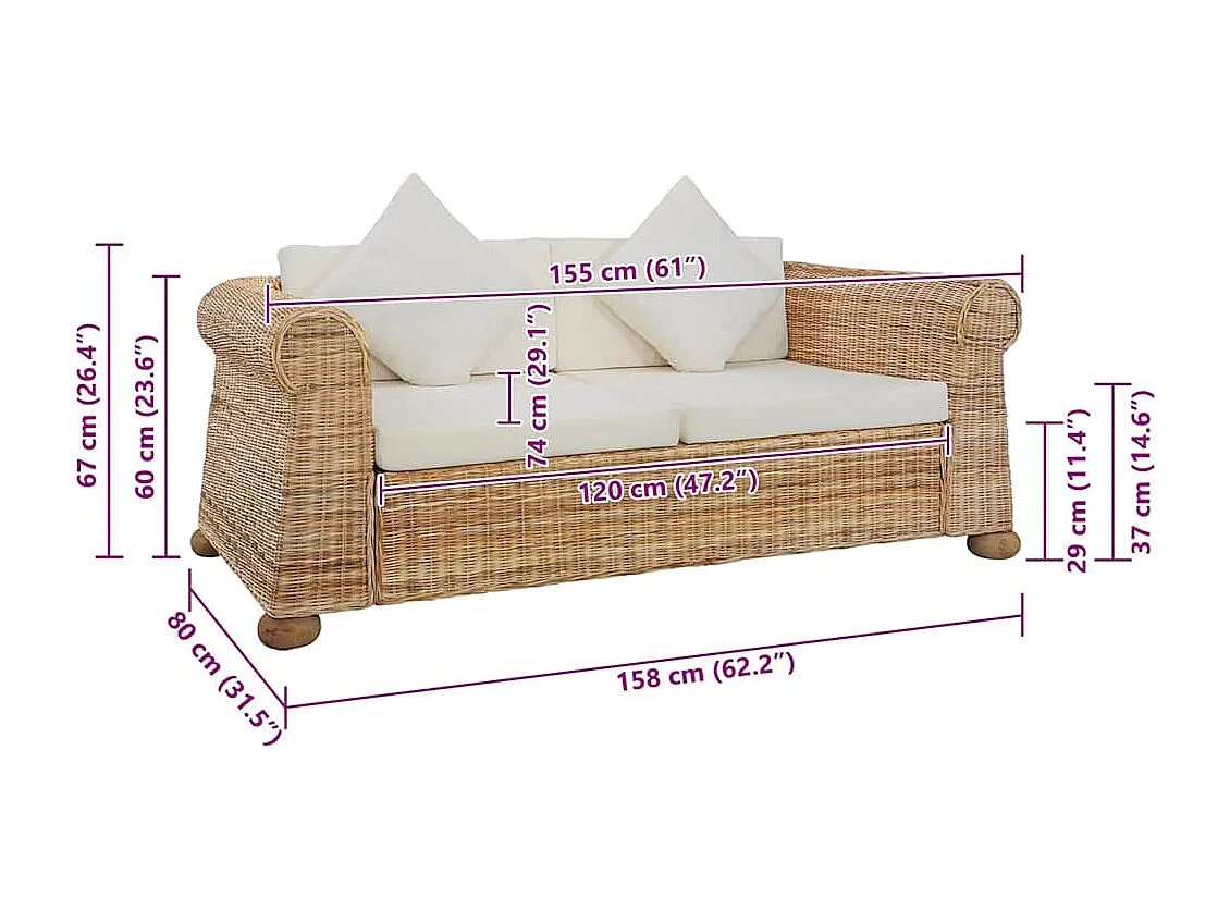 Ensemble de canapés 2 pcs avec coussins Rotin naturel