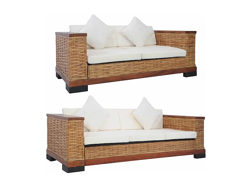 Ensemble de canapés 2 pcs avec coussins Marron Rotin naturel