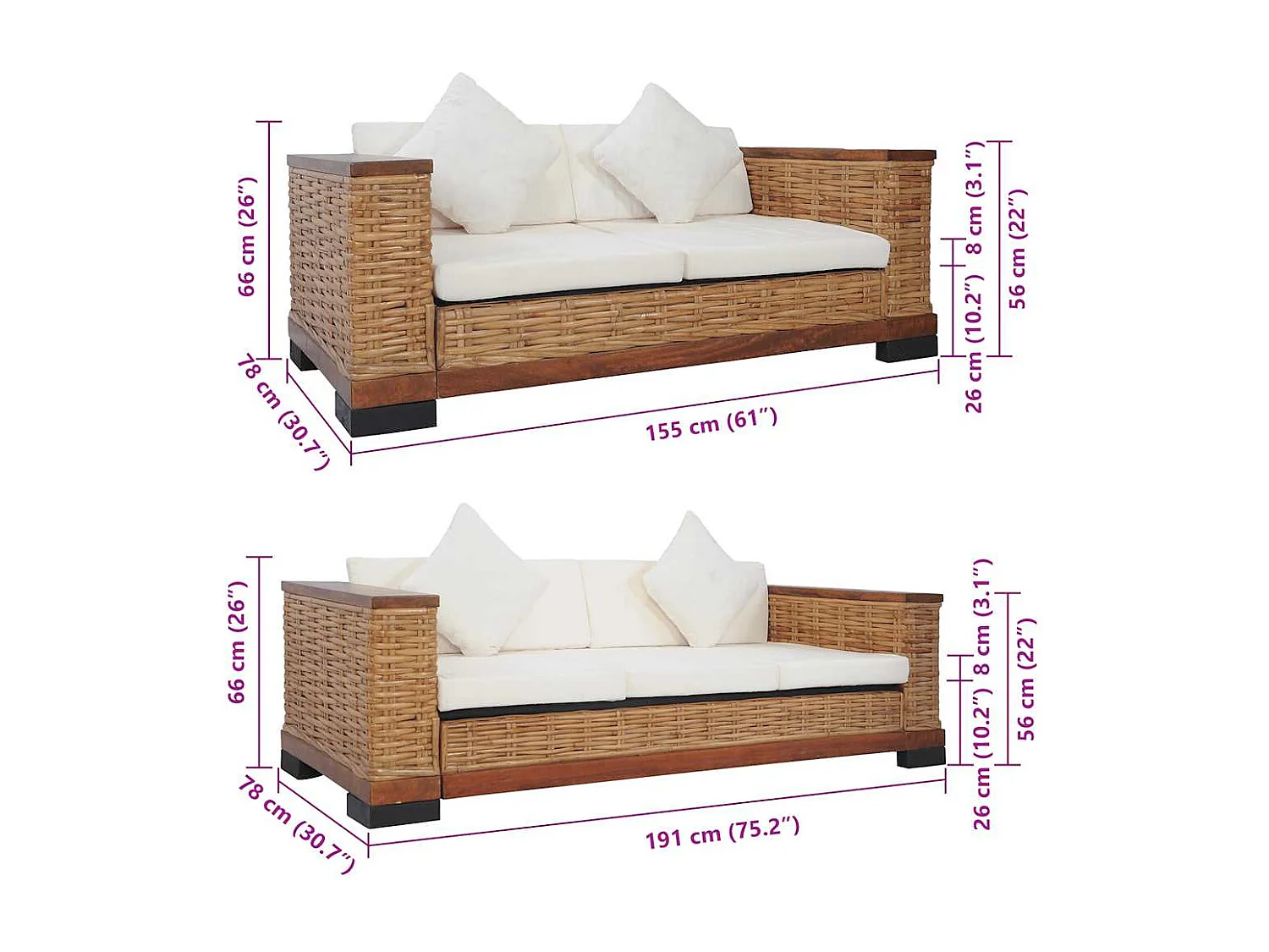 Ensemble de canapés 2 pcs avec coussins Marron Rotin naturel