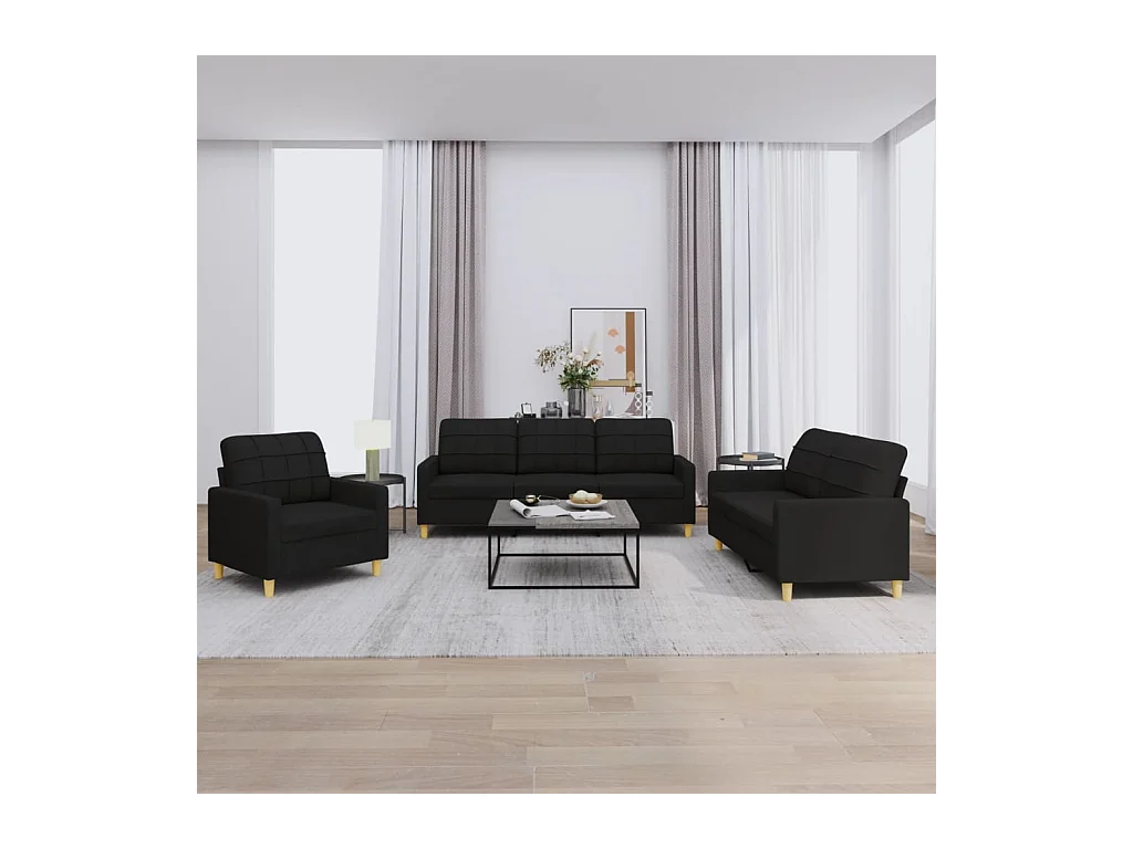 3-tlg. Sofagarnitur mit Kissen Schwarz Stoff