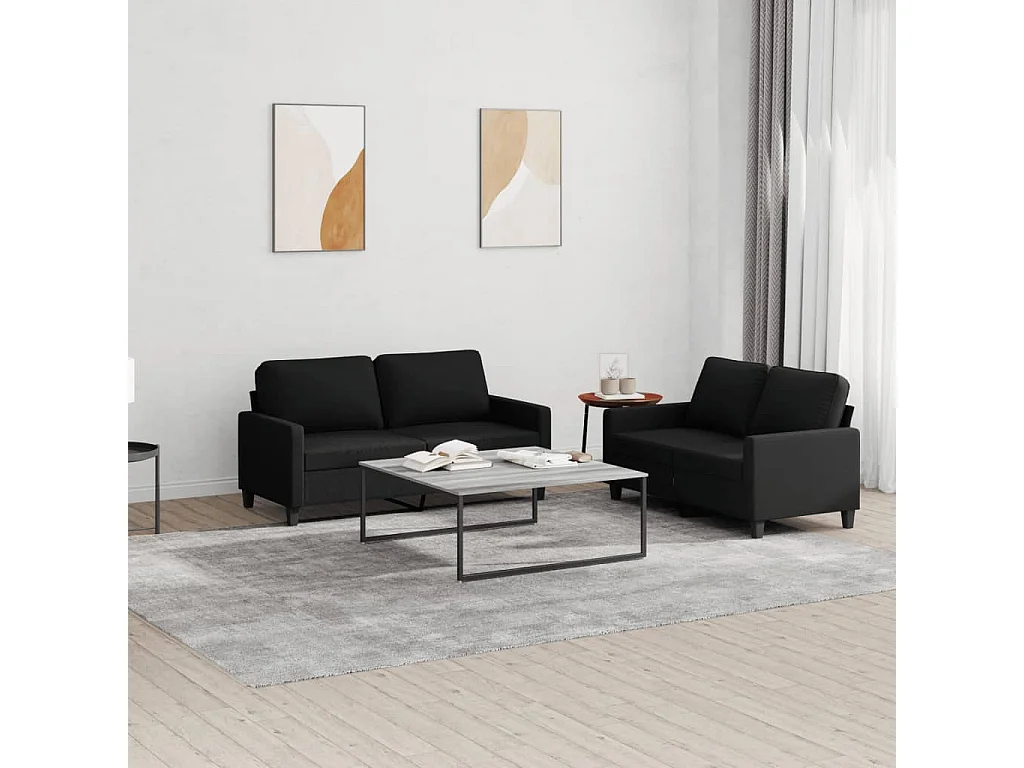 2-tlg. Sofagarnitur mit Kissen Schwarz Stoff