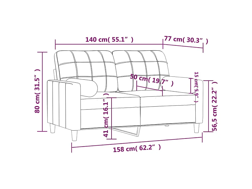 Canapé 2 places avec oreillers décoratifs crème 140 cm tissu