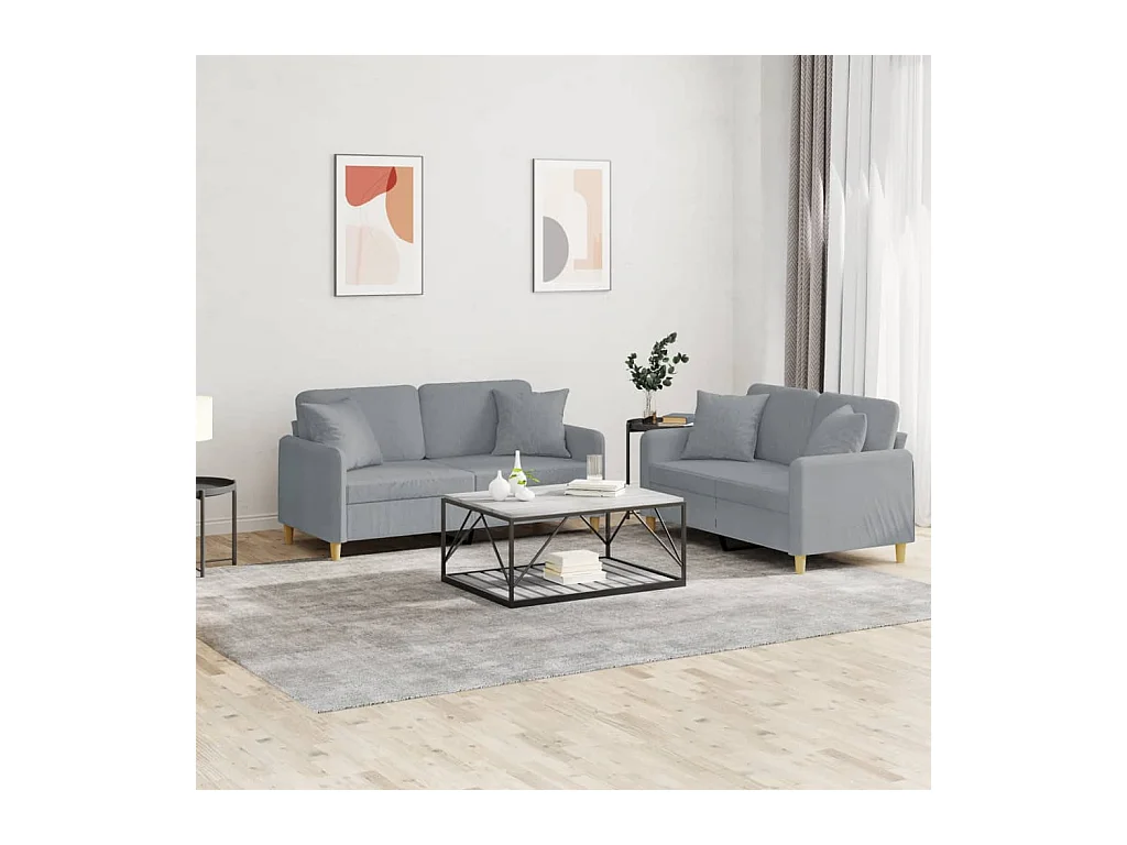Set Divani 2 pz con Cuscini Grigio Chiaro in Tessuto