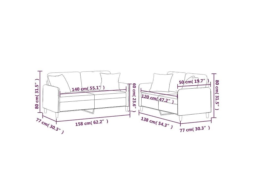 Ensemble de canapés 2 pcs coussins gris clair tissu