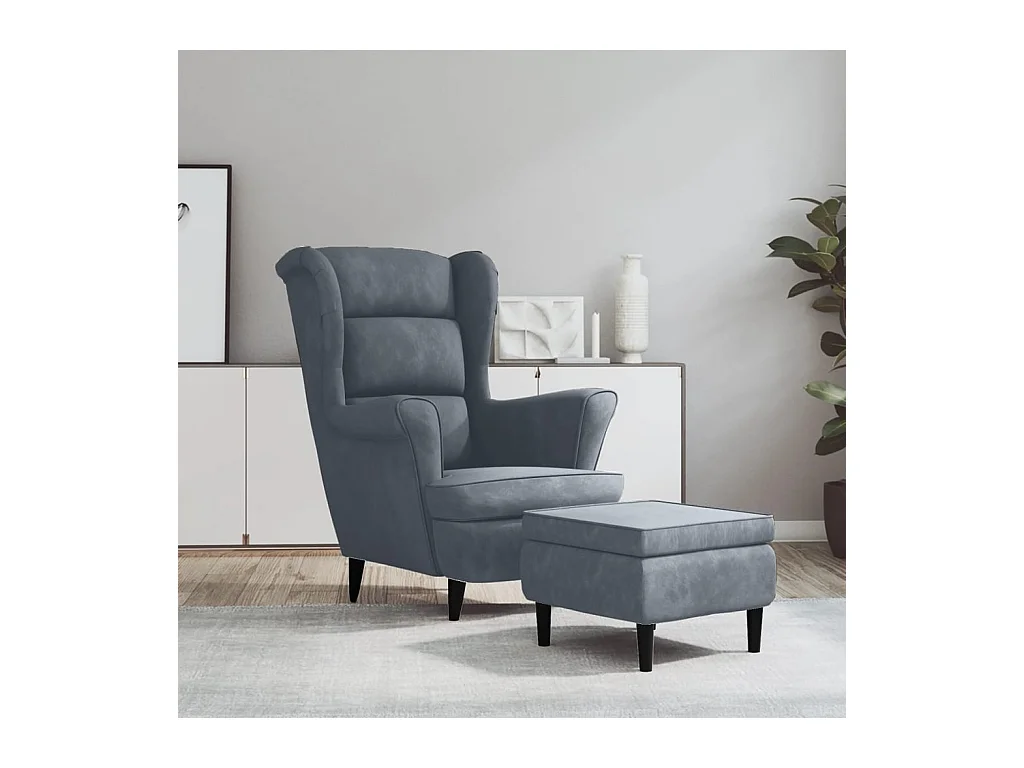 Fauteuil à oreilles avec tabouret gris foncé velours