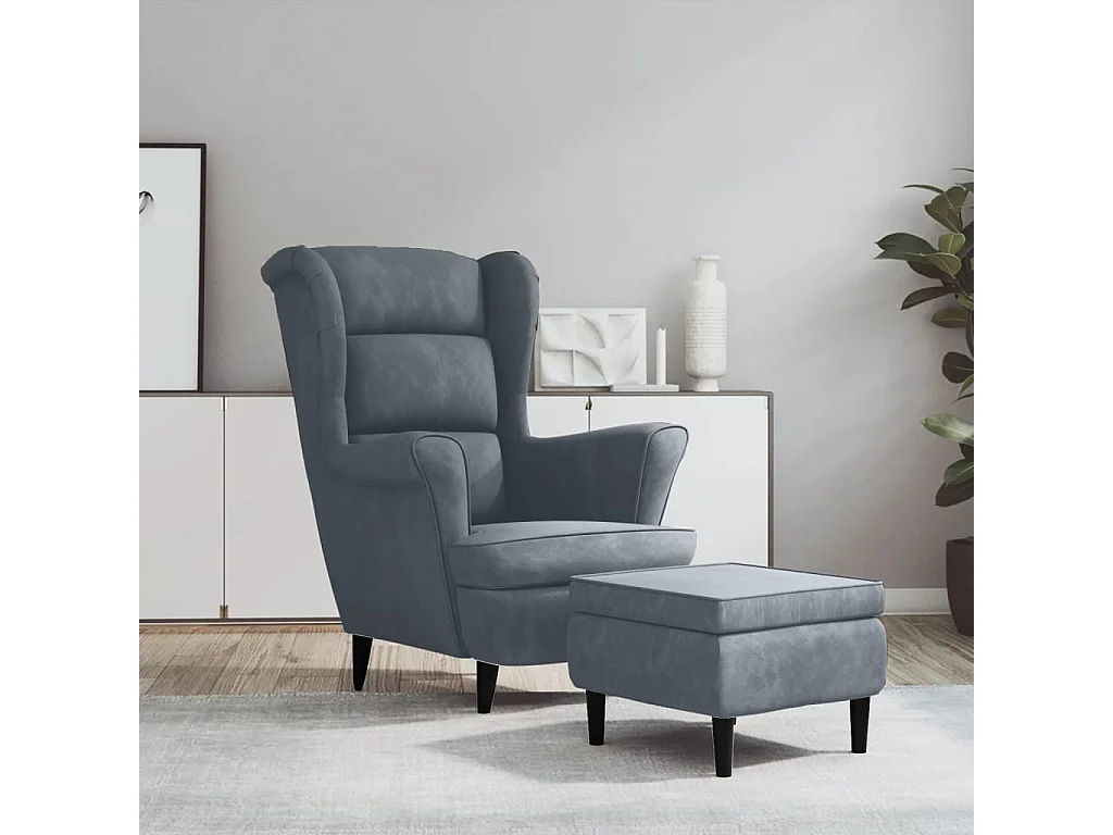 Fauteuil à oreilles avec tabouret gris foncé velours