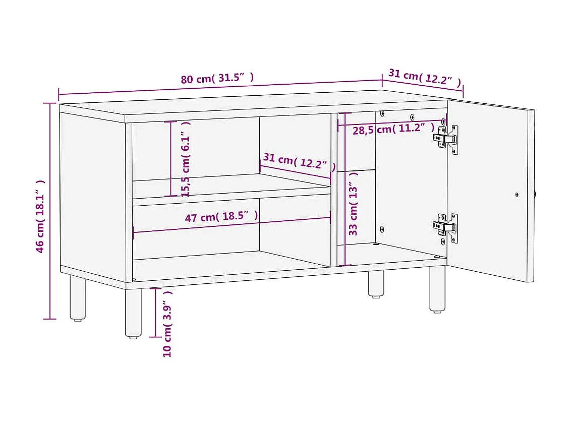 Meuble TV noir 80x31x46 cm bois massif de manguier