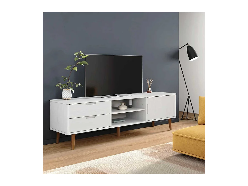 Meuble TV MOLDE Blanc 158x40x49 cm Bois de pin massif