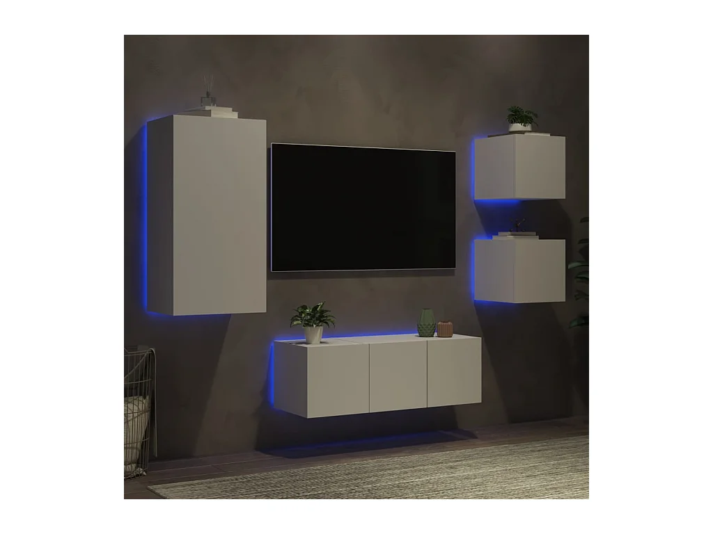 5pcs móveis de parede p/ TV c/ LEDs derivados de madeira branco