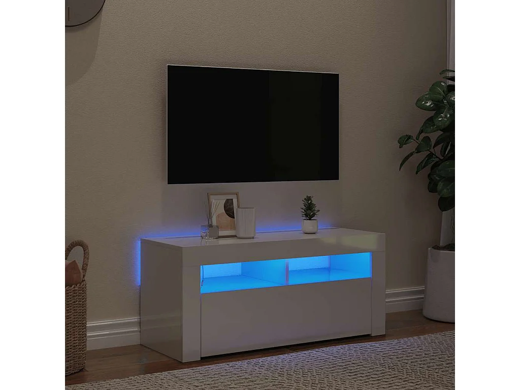 Meuble TV avec lumières LED blanc brillant 90x35x40 cm