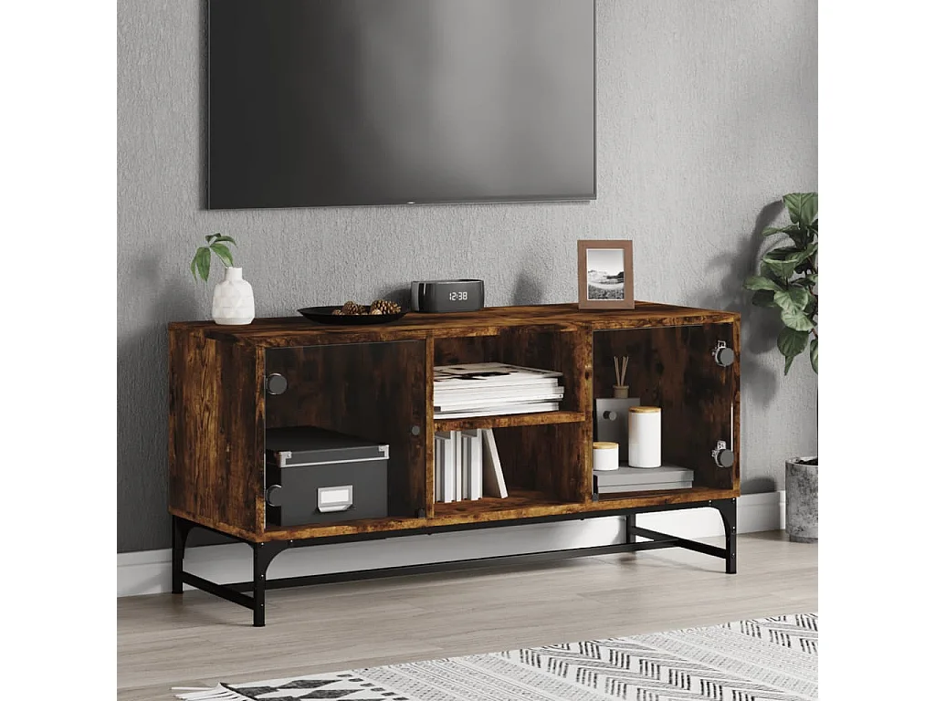 Meuble TV avec portes en verre chêne fumé 102x37x50 cm