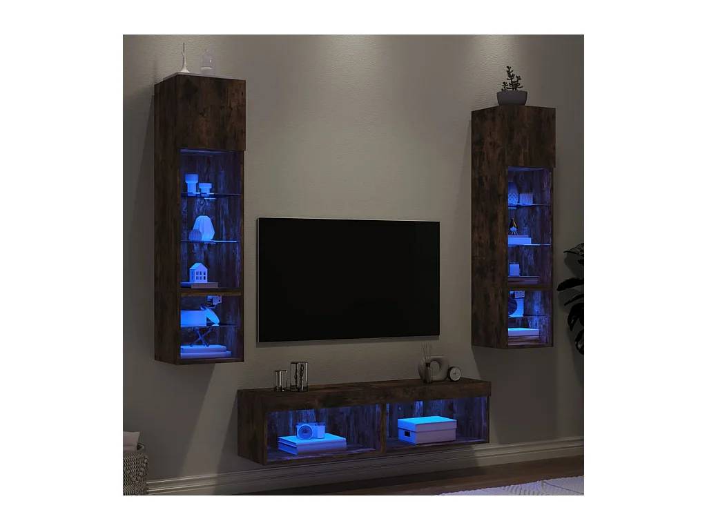 Mobili TV a Muro con LED 6pz Rovere Fumo in Legno Multistrato
