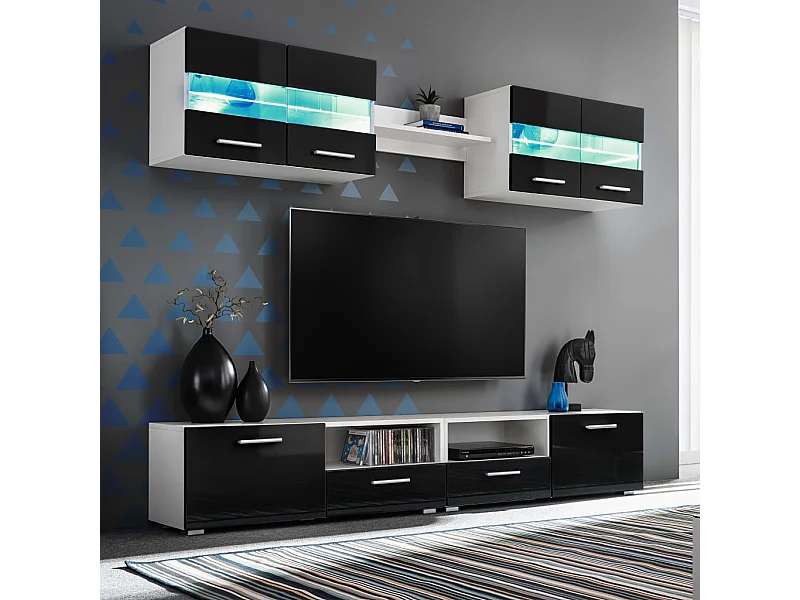 Mueble de salón de TV con luces LED negro brillante 5 piezas