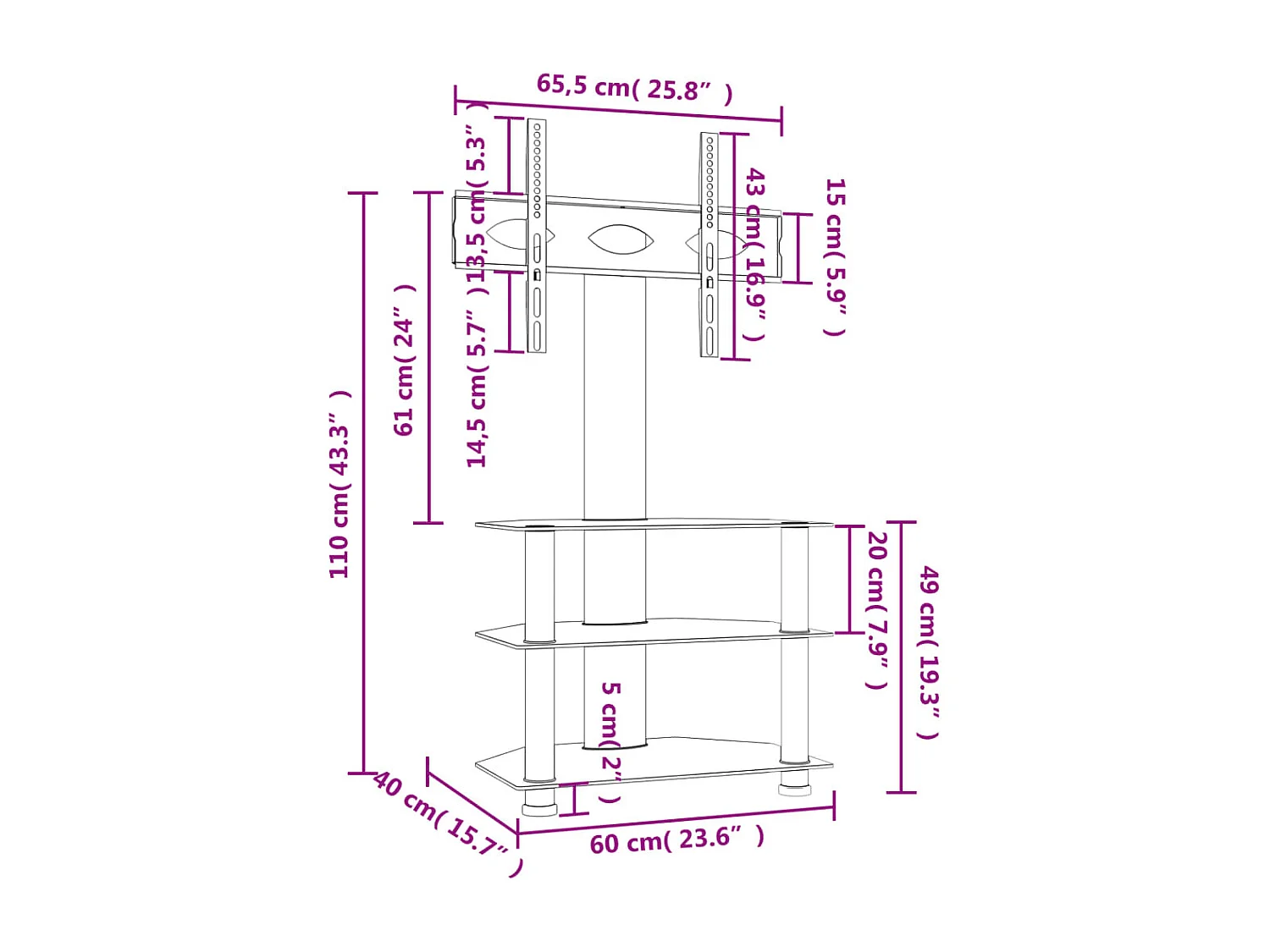 Meuble TV d'angle 3 niveaux pour 32-70 pouces noir et argenté